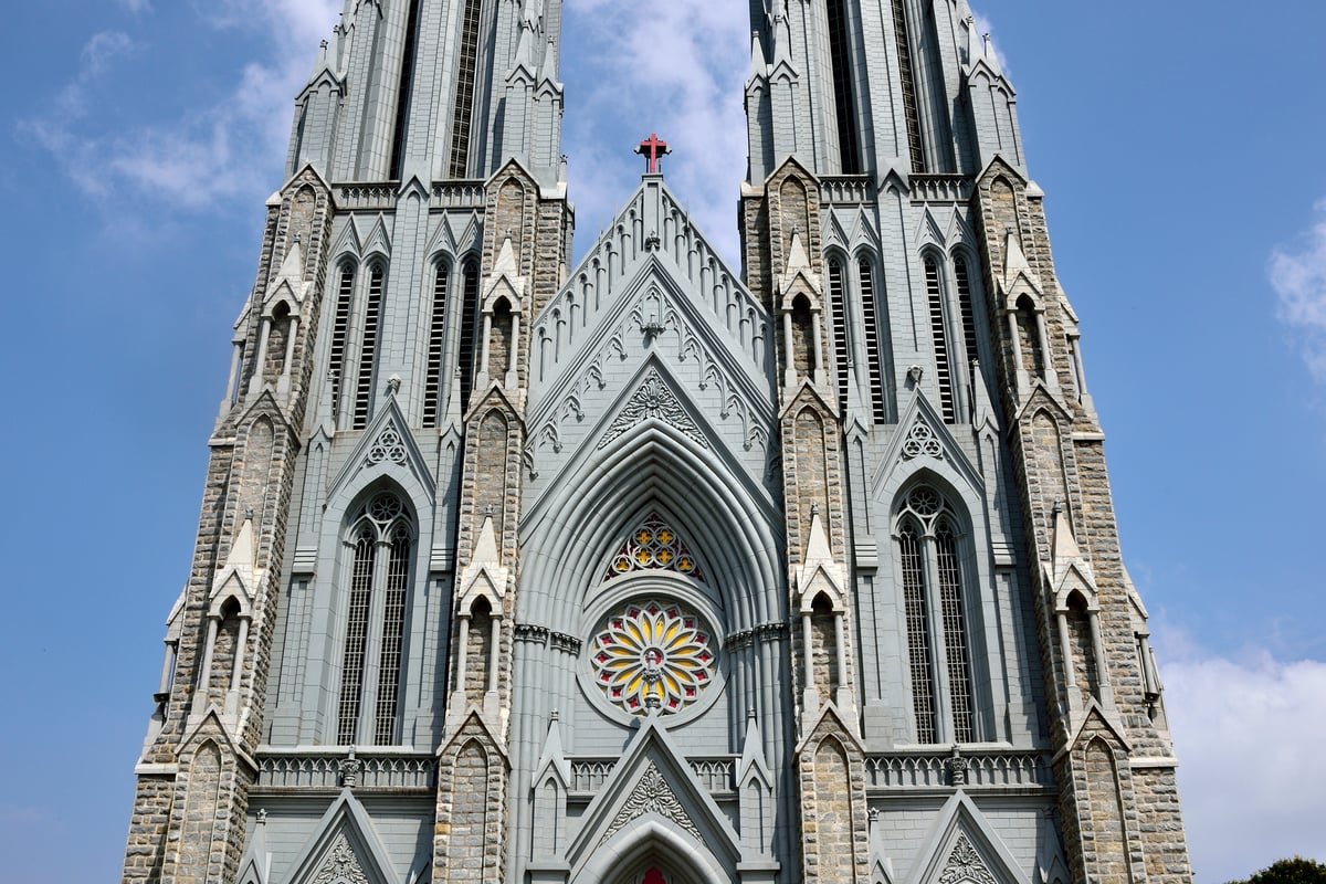 Majestic neo-Gothic twin spires of St. Philomena's Cathedral